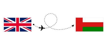 vlucht en reis van het verenigd koninkrijk van groot-brittannië naar oman per passagiersvliegtuig reisconcept vector