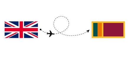 vlucht en reis van het verenigd koninkrijk van groot-brittannië naar sri lanka per passagiersvliegtuig reisconcept vector