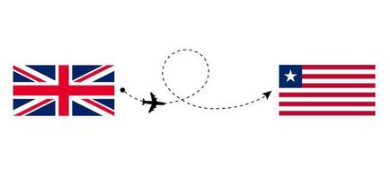 vlucht en reis van het Verenigd Koninkrijk van Groot-Brittannië naar Liberia per reisconcept voor passagiersvliegtuigen vector