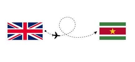 vlucht en reis van het verenigd koninkrijk van groot-brittannië naar suriname per passagiersvliegtuig reisconcept vector