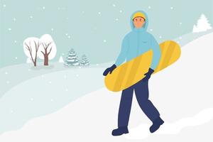 vector cartoon snowboarder. de man loopt en houdt de skateboardcartoon vast. vlak