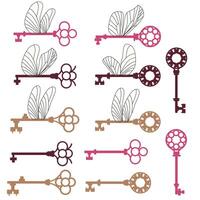 wijnoogst vlak illustratie met een reeks van tekenfilm sleutels. verzameling van antiek sleutels met Vleugels. huis veiligheid vector