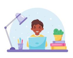 zwarte jongen studeren met computer. online leren, terug naar school vector