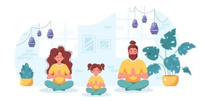 familie doet yoga, meditatie in een gezellig interieur. familie tijd samen doorbrengen. vector