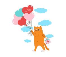 tekenfilm schattig kat met een geschenk doos vliegt Aan hartvormig ballonnen. rood katje. inscriptie, de woord liefde. kaart ontwerp voor bruiloft, verjaardag, Valentijnsdag dag. illustratie. vector