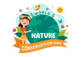 wereld natuur behoud dag illustratie met wereld kaart, boom en eco vriendelijk ecologie voor behoud in vlak tekenfilm achtergrond vector