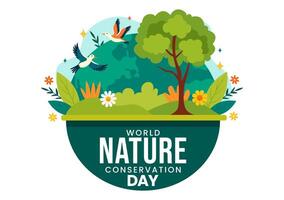 wereld natuur behoud dag illustratie met wereld kaart, boom en eco vriendelijk ecologie voor behoud in vlak tekenfilm achtergrond vector