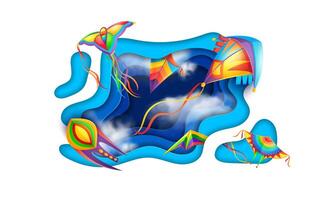 blauw lucht met papier besnoeiing wind en vliegers in wolken vector