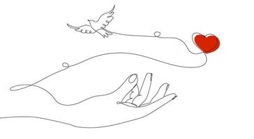 een duif vliegend in de lucht van een uitgestrekt hand. de concept van vriendschap, vrede, helpen, steun. hand- tekening een solide lijn. . vector