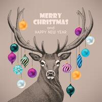 Kerstmis kaart met hand- getrokken hert en Kerstmis decoraties vector