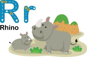 alfabet brief r-neushoorn met tekenfilm woordenschat illustratie, vector