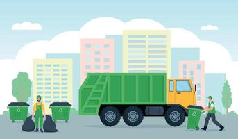 vuilnis verzameling, verspilling recycling en vervoer in stad. sanitair voertuig of vuilnis vrachtwagen, bakken en vuilnismannen aaseters arbeiders. vector
