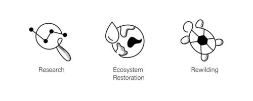 milieu initiatieven pictogrammen set. opnieuw verwilderen, ecosysteem restauratie, Onderzoek. bewerkbare beroerte pictogrammen. vector