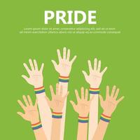 illustratie voor trots maand evenement viering. veel handen omhoog met regenboog armbanden. vector