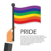 illustratie voor trots maand evenement viering. hand- Holding regenboog vlag. vector