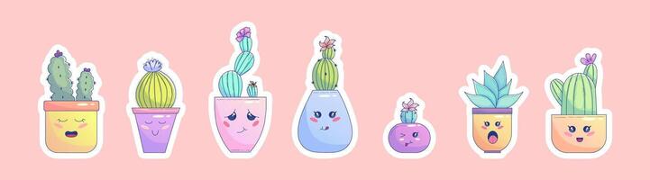 schattig kawaii cactus sticker reeks in pot met gezicht. schattig pastel sappig kawaii glimlach. cactus karakter in pot. grafisch illustratie vector