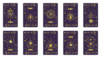 tarot kaart goud reeks met mysticus oog piramide geïsoleerd. boho esoterisch tarot kaart met oog en ster. illustratie. heilig geometrie hemel- driehoek vector