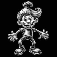 een zwart en wit tekening van een tekenfilm karakter met een groot glimlach Aan zijn gezicht vector