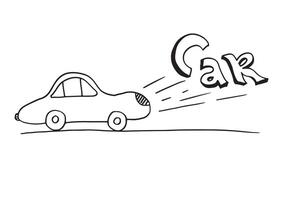 tekenfilm auto blazen uitlaat dampen met auto belettering. hand- getrokken schetsen illustratie geïsoleerd Aan wit achtergrond vector