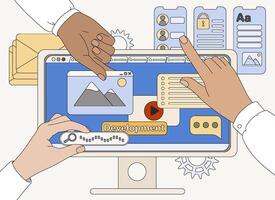 vlak handen van programmeurs werken Aan website, banier, codering web bladzijde of mobiel app. team van ontwerpers creëren ux ontwerp, Holding ui sjabloon. cms ontwikkeling. landen bladzijde en Onderzoek concept. vector