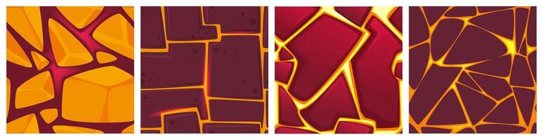 tekenfilm top visie achtergronden van vloeistof lava stromen met stenen of heet oranje magma in grond scheuren voor spel. naadloos patronen van vulkaan uitbarsting, gebarsten rots met gloed plasma binnen. vector