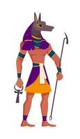 Anubis Egyptische god vlak illustratie. oude Egypte godheid met jakhals hoofd en menselijk lichaam. Egyptische cultuur religieus karakter in Farao kleren met ankh sleutel geïsoleerd Aan wit achtergrond. vector