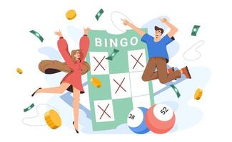 vlak gelukkig mensen in de buurt bingo kaart met Lucky bal nummers. jong opgewonden tekens met winnend ticket van keno het gokken spel. blij loterij winnaars van lotto jackpot, casino gokken vrije tijd. vector