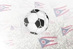 nationaal Amerikaans voetbal team van Ohio scoorde doel. bal in doel netto, terwijl Amerikaans voetbal supporters zijn golvend de Ohio vlag in de achtergrond. vector