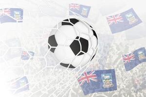 nationaal Amerikaans voetbal team van Falkland eilanden scoorde doel. bal in doel netto, terwijl Amerikaans voetbal supporters zijn golvend de Falkland eilanden vlag in de achtergrond. vector