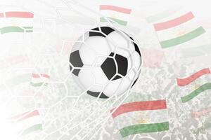 nationaal Amerikaans voetbal team van Tadzjikistan scoorde doel. bal in doel netto, terwijl Amerikaans voetbal supporters zijn golvend de Tadzjikistan vlag in de achtergrond. vector