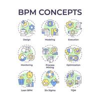 bpm multi kleur concept pictogrammen. workflow beheren, operationeel efficiëntie. slank beheer. icoon pak. afbeeldingen. ronde vorm illustraties voor artikel, infografisch. abstract idee vector