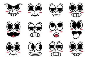 reeks van kawaii tekenfilm gezichten met verschillend emoties en uitdrukkingen. ontwerp illustratie in een vlak retro stijl vector