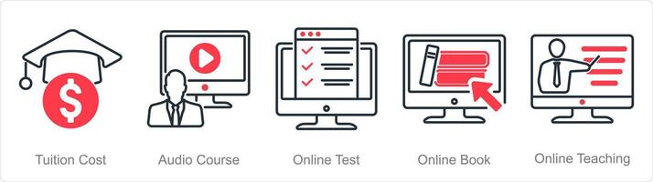 een reeks van 5 online onderwijs pictogrammen net zo schoolgeld kosten, audio Cursus, online test vector