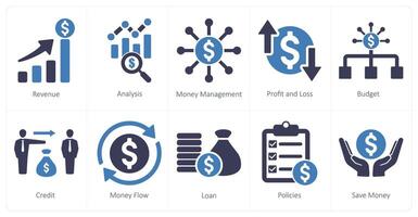 een reeks van 10 accounting pictogrammen net zo omzet, analyse, geld beheer vector