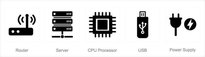 een reeks van 5 computer onderdelen pictogrammen net zo router, server, CPU bewerker vector