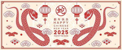 gelukkig Chinese nieuw jaar 2025 de slang dierenriem teken met bloem, lantaarn, aziatisch elementen rood papier besnoeiing stijl Aan kleur achtergrond. vector