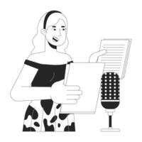 blond vrouw Voice over artiest zwart en wit 2d lijn tekenfilm karakter. Kaukasisch vrouw stem acteur geïsoleerd schets persoon. microfoon praten. nasynchronisatie monochromatisch vlak plek illustratie vector