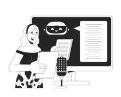 toespraak herkenning in ai zwart en wit 2d illustratie concept. blond vrouw microfoon in Voice over studio tekenfilm schets karakter geïsoleerd Aan wit. stem naar tekst metafoor monochroom kunst vector