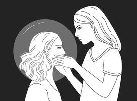 jong vrouw karakter Holding hoofd van een ander vrouw hand- getrokken in zwart en wit kleuren. concept van empathie, psychologisch hulp, zelf reflectie, zelfreflectie. monochroom illustratie. vector