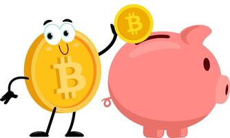 bitcoin tekenfilm karakter zetten munt in varkentje bank vector
