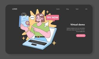 virtueel Product demonstratie, bevorderen ogenblik online verloving. vlak illustratie. vector
