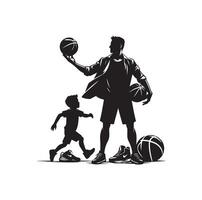 basketbal speler vader met bal mand silhouet vector