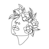 vrouw gezicht enkele lijntekening met bloemen doorlopende lijntekeningen een boeket bloemen in het hoofd van een vrouw, enkele lijn kunst natuurlijke cosmetica eenvoudig zwart-wit schilderij kunstwerk vector