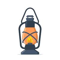 oud kerosine of olie wijnoogst lantaarn met brandend lont en houder. camping of de mijne verlichting. oud stijl verlichting apparatuur. illustratie. vector