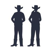 Mens en vrouw cowboys in hoed staan, zwart silhouet. Amerikaans tekens van wild westen. vlak illustratie geïsoleerd Aan wit achtergrond. vector