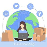 het concept van online winkelen, vrouw met laptop zittend tegen de achtergrond van de wereld. wereldwijde levering van online bestellingen. vector illustratie