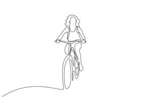 jong mooi vrouw rijden een fiets alleen buiten leven lijn kunst ontwerp vector