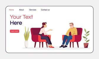 therapie sessie bestemmingspagina vector sjabloon. paar in fauteuils. psychologie raadpleging website interface idee met platte illustraties. lay-out van de startpagina. webbanner, webpagina cartoon concept