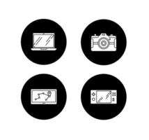mobiele apparaten glyph pictogrammen instellen. zak elektronische gadgets. navigatie-assistent, gameconsole. laptop, fotocamera. compacte digitale tools. vector witte silhouetten illustraties in zwarte cirkels
