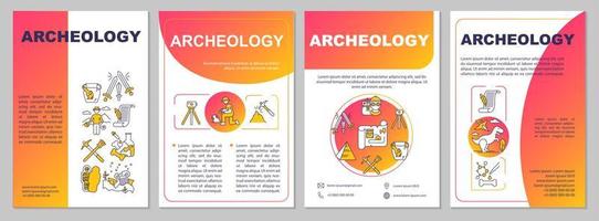 archeologie brochure sjabloon. paleontologie en geschiedenis. flyer, boekje, folder afdrukken, omslagontwerp met lineaire pictogrammen. vector paginalay-outs voor tijdschriften, jaarverslagen, reclameposters